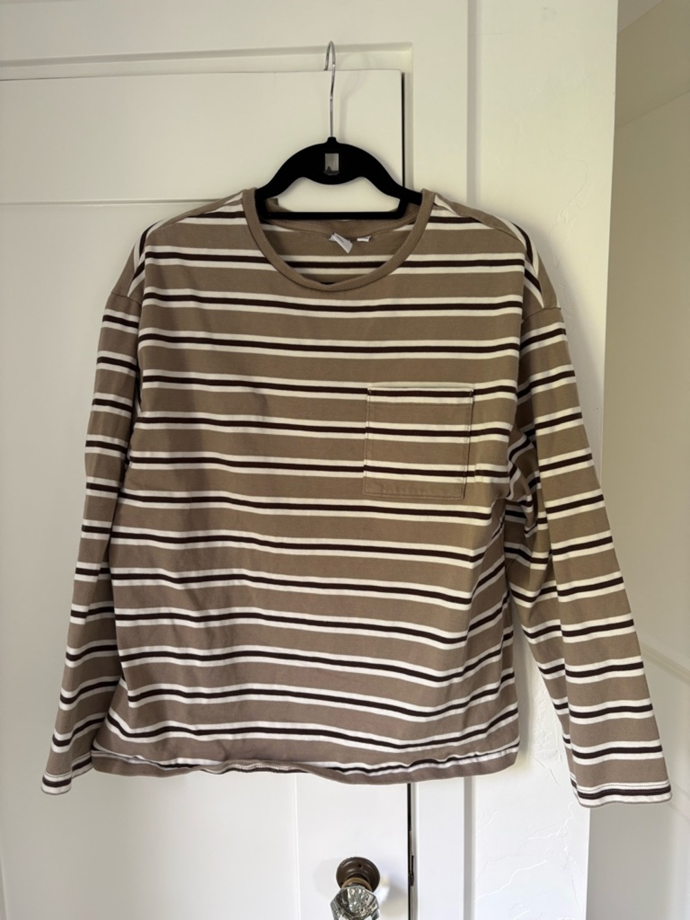 TNA Mighty Cotton Brown and White Striped Long Sleeve Pocket Tee